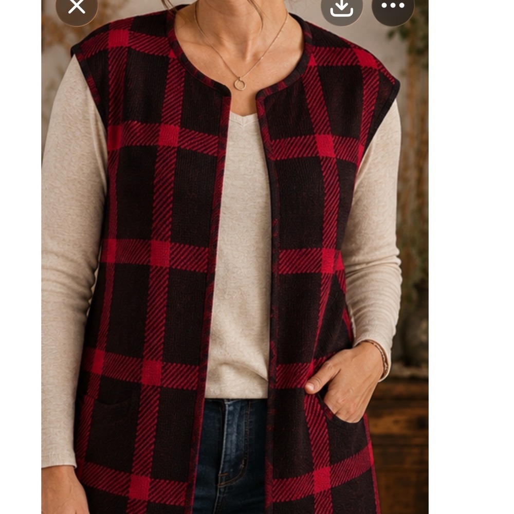 Christopher & Banks Reversible Buffalo Plaid Vest Red Black Open Front Long Vest